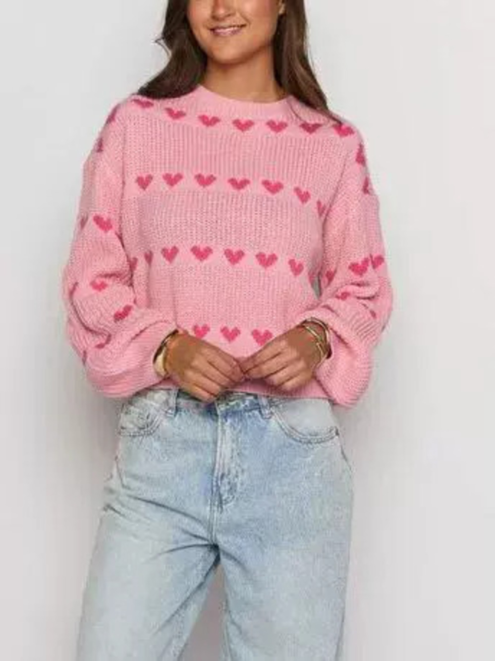 ZARA Sweet Pink Heart Jacquard Round Neck Sweater Fall Winter Womens Cozy